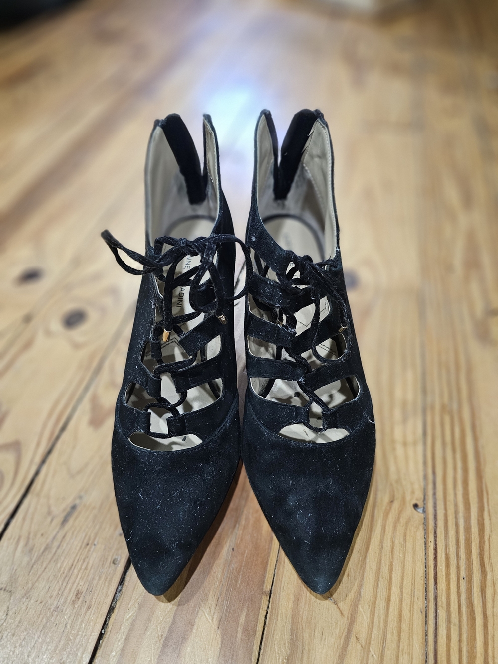 Adrienne Vittadini Black Suede Lace-Up Pointed Toe Heels